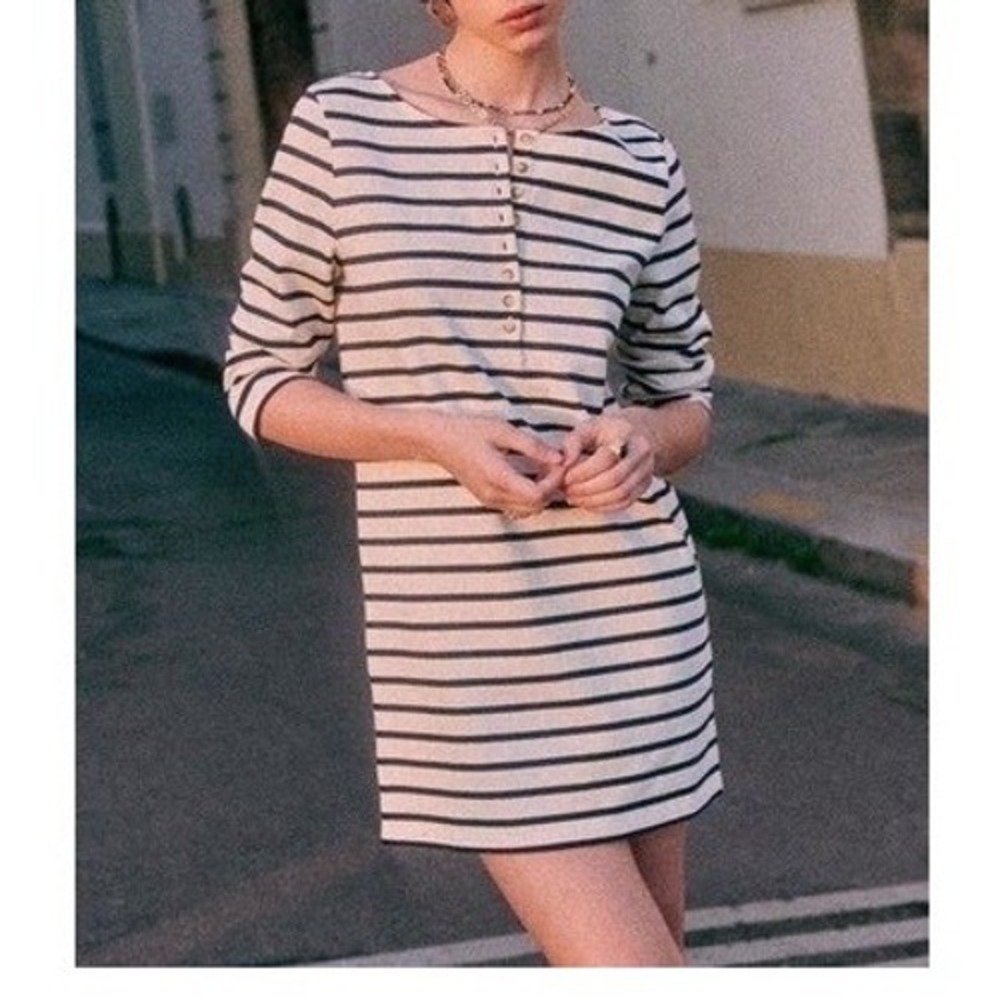 Sezane Tyra Dress Womens Medium Cream Navy Striped Henley Organic Cotton Knit